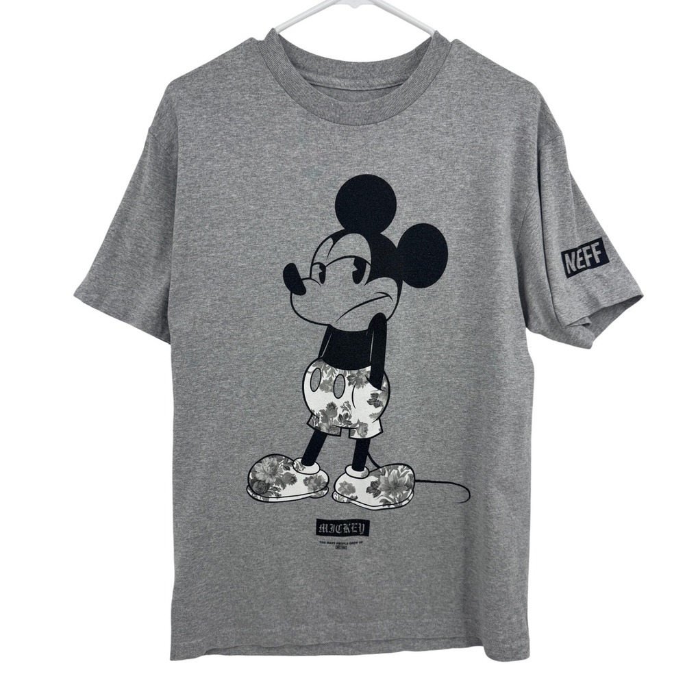 Neff Disney Mickey Mouse Graphic T-Shirt Mens Medium Gray Floral Print Short Slv